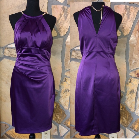 Eliza J Chain Strap Pleated Cocktail Dress Purple (8) - Picture 3 of 17